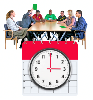 People meeting with a calendar below